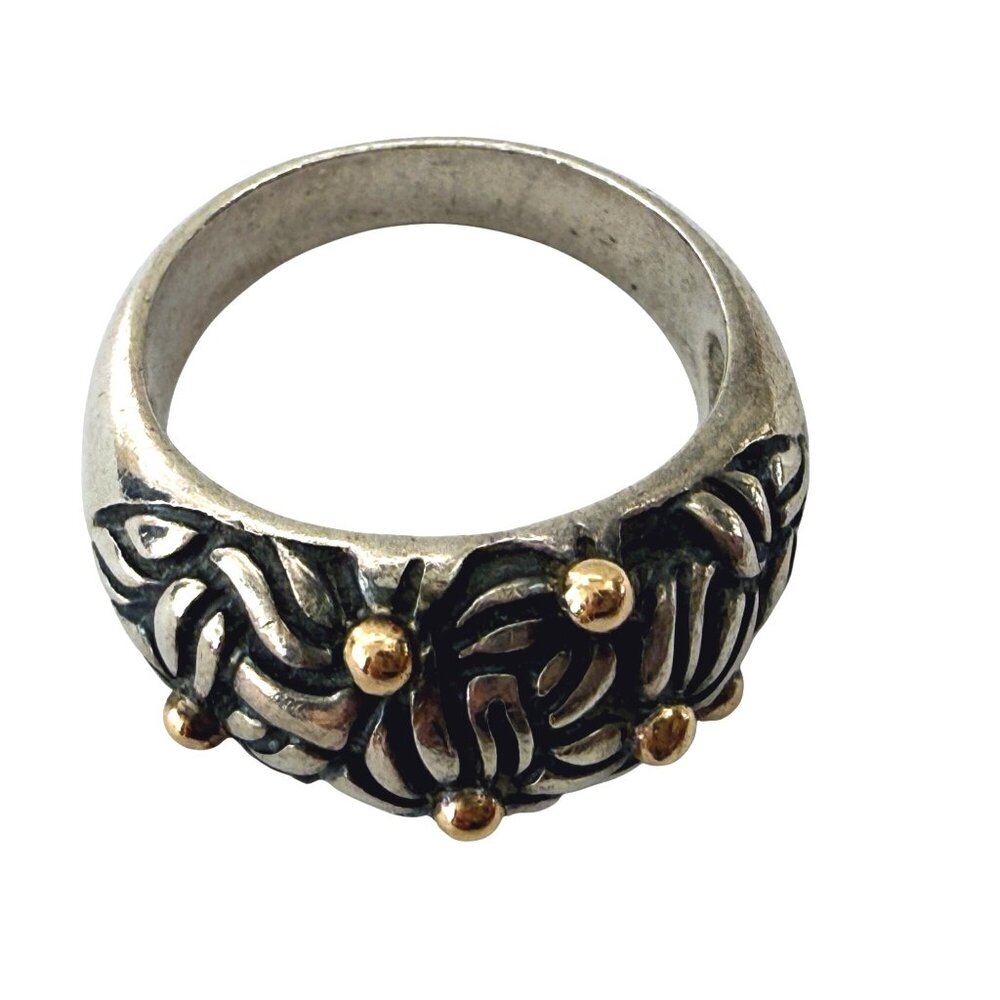 Vintage 90's 925 silver Floral Dome Ring Gold Vermeil Dots 6.4g Size 6 3/4 - Picture 2 of 12